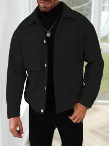 Manfinity Homme Áo khoác nam trơn một hàng khuy, áo sơ mi nam kéo khóa thời trang thu đông, áo khoác đen cho nam, áo sơ mi nam Shacket màu đen cho nam - màu đen - Xem 5