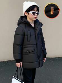 Genkimix Kids معطف بارك بسيط وأنيق مع غطاء رأس طويل وسحاب أمامي وأساور مرنة وجيوب قطعة واحدة للشتاء للأولاد، سميك ودافئ