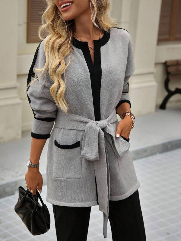 Brillora Cárdigan casual minimalista de mujer con ribete de contraste y bolsillos dobles, para otoño/invierno, cárdigan gris, cárdigan con lazo delantero, cárdigan para mujer, cárdigan gris con lazo, cárdigan de mujer, estilo BOHO, estilo campestre para mujer, ropa de campo para mujer, atuendos de campo para mujer