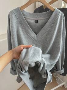 EMERY ROSE 2pcs/Set Plus Size V-Neck Loose Fleece Sweatshirt, Dark Grey & Light Grey, Suitable For Fall/Winter