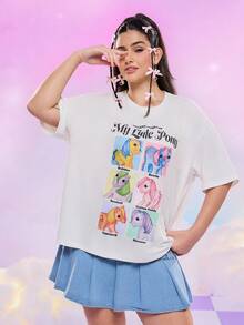 My Little Pony X SHEIN 大码可爱字母和马匹印花短袖T恤，夏季 - 白色 - 查看 6