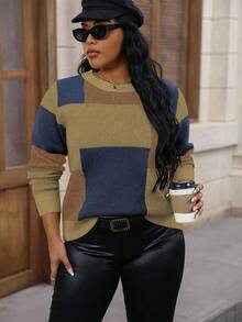 Calvaya 大码拼色圆领毛衣，秋冬休闲款