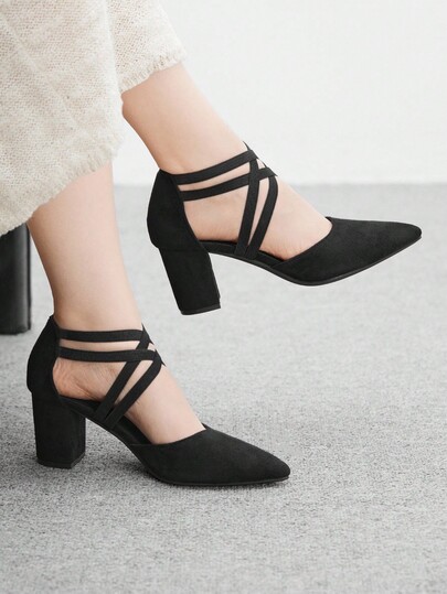 CUCCOO BIZCHIC Women's Fashion Black Elastic Strap Pointed Toe Chunky High Heel Pumps, Suitable For Commute, Date, Party, Wedding, Holiday