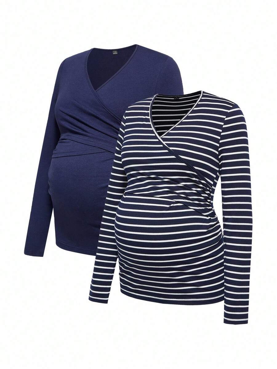 Modmama 2 件孕妇休闲裹身哺乳 T 恤套装，秋季 - 藍色 - 查看 1