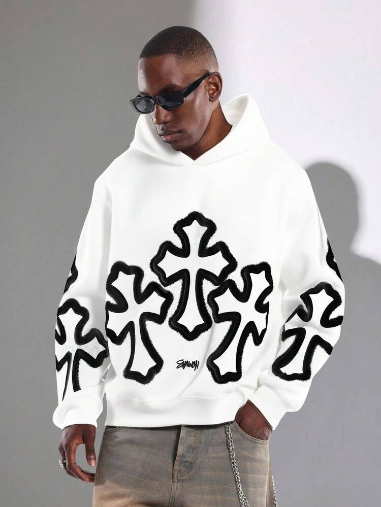 Oversized Pullover Hoodie With Cross Design