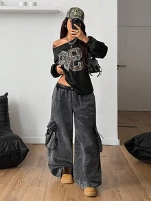 SHEIN Coolane Áo thun nữ họa tiết cành cây họa tiết buổi hòa nhạc rave dạo phố mùa thu/đông trở lại trường - màu đen - Xem 6