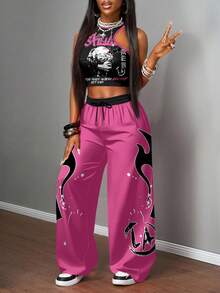 Slaydiva 2 件套女士休闲街头紧身吊带背心和宽松裤子套装/Y2k 服装/街头服饰/女士两件套/返校/休闲街头/适合嘻哈/卡通人物和火焰印花图案 - 彩色 - 查看 4