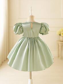 Glamorique Kids Baby Girls' Elegant Satin Puff Sleeve Vintage Bow Decor Peplum Dress, Formal Outfit Sage Green Baby Girl Dress Satin Dress Baby
