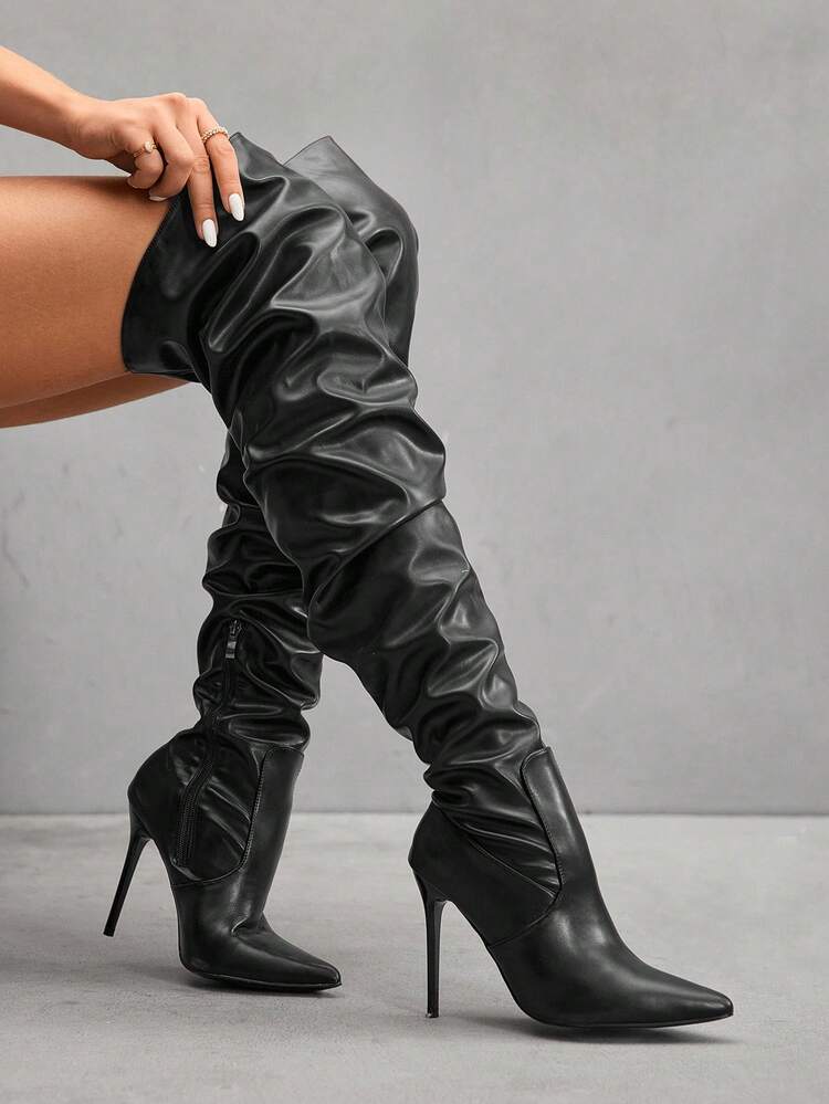 CUCCOO SZL Botas altas de tacón de aguja sexy y con puntera puntiaguda para mujer, botas negras de tacón alto sobre la rodilla de fácil puesta