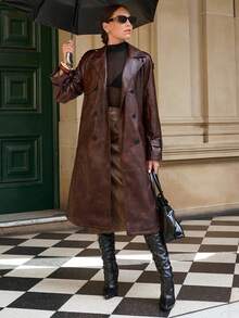 Lavishia 女式秋季扎染翻领长袖双排扣 PU 皮革时尚风衣 - 鏽棕色 - 查看 4