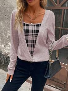 EMERY ROSE Women's Plaid Long Sleeve Casual Pullover Sweatshirt, Versatile - Pink - View 7