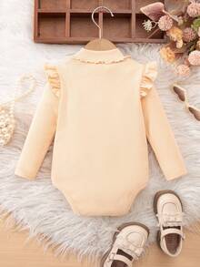 SHEIN 可爱休闲杏色针织弹力荷叶边长袖连体衣，女婴款 - 杏色 - 查看 2