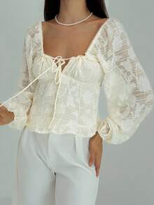 Aloruh 女士秋冬前系蝴蝶结衬衫，优雅衬衫 - 杏色 - 查看 6