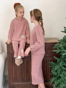 LMoss Kids LMoss 女童休闲针织毛绒罗纹圆领宽松上衣和修身半裙两件套，少女针织套装，舒适秋冬款式，粉色 - 粉色 - 查看 5