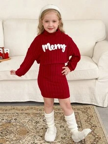 LMoss Kids 2 件套年轻女孩都市时尚纯色圆领长袖上衣和紧身吊带背心连衣裙套装 - 酒紅色 - 查看 2