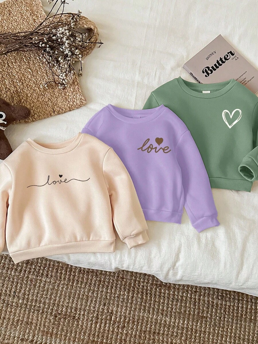 SHEIN Happikins 三件套女童休闲简约爱心图案加厚保暖长袖卫衣,适合秋冬季穿着 - 彩色 - 查看 1