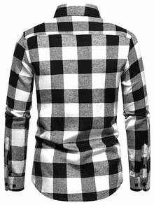 Manfinity Homme Men's Casual Plaid Long Sleeve Shirt, Autumn Checkered Shirt Men Men Button Up Shirt Design Mens Plaid Button Up - Black and White - View 2