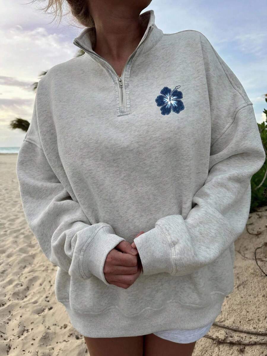 Veykashi Áo sweatshirt dáng rộng, cổ cao, khóa kéo nửa thân, in họa tiết hoa, cỡ lớn, thích hợp cho mùa thu/đông. - Xám - Xem 1