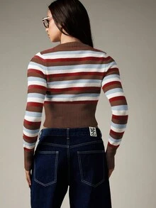 MISSGUIDED 潮流引领者纽扣前短款条纹开衫修身腰部针织毛衣秋冬 Y2K 时尚经典学院风针织衫 - 棕色 - 查看 2