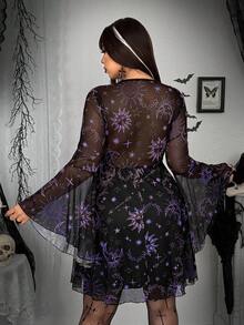 SHEIN Whyspr 秋冬大码朋克暗黑优雅夸张小众星月网眼A字及膝连衣裙 - 彩色 - 查看 2