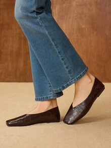 MOTF 女士法式复古纹理PU皮革石纹方头平底鞋，棕色百搭单踏板防滑简约休闲优雅高贵玛丽珍鞋