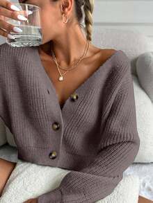 EURMUSE Women's Solid Color V-Neck Front Button Casual Cardigan - Mocha Brown - View 5