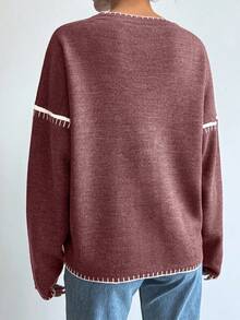 EURMUSE Women Solid Color Deep V-Neck Handmade Stitch Detailed Cardigan - Dusty Pink - View 2