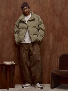 Musero Oversized Slightly Cropped Fit Asymmetrical Zip Through Fastening Puffer Hoodless Coat Funnel Neck Jacket /Premium Spring&Summer - Army Green - View 5