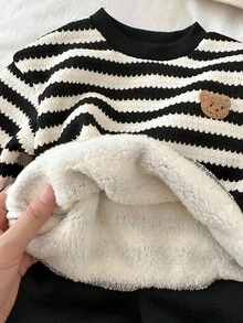 LMoss Kids 2 件套男婴条纹圆领运动衫和裤子套装，保暖内衬，加厚，秋冬 - 黑與白 - 查看 8