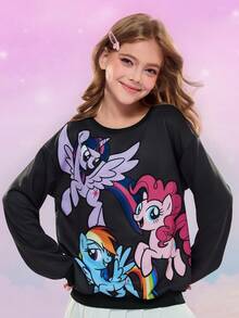 My Little Pony X SHEIN Sudadera holgada con estampado de unicornio de dibujos animados para niñas preadolescentes, informal y linda, para primavera/otoño - Negro - Ver 2
