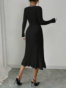Elenzga Color Block V-Neck Button Front Fitted Long Sleeve Sweater Dress - Black - View 2