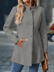 SHEIN PETITE Women's Casual Thick Overcoat, Stand Collar Mid-Length, Long Sleeve, Autumn/Winter - Light Grey - View 4