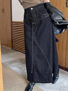 DAZY 女士腰带设计流苏下摆长款休闲牛仔裙 - 深色水洗藍 - 查看 4