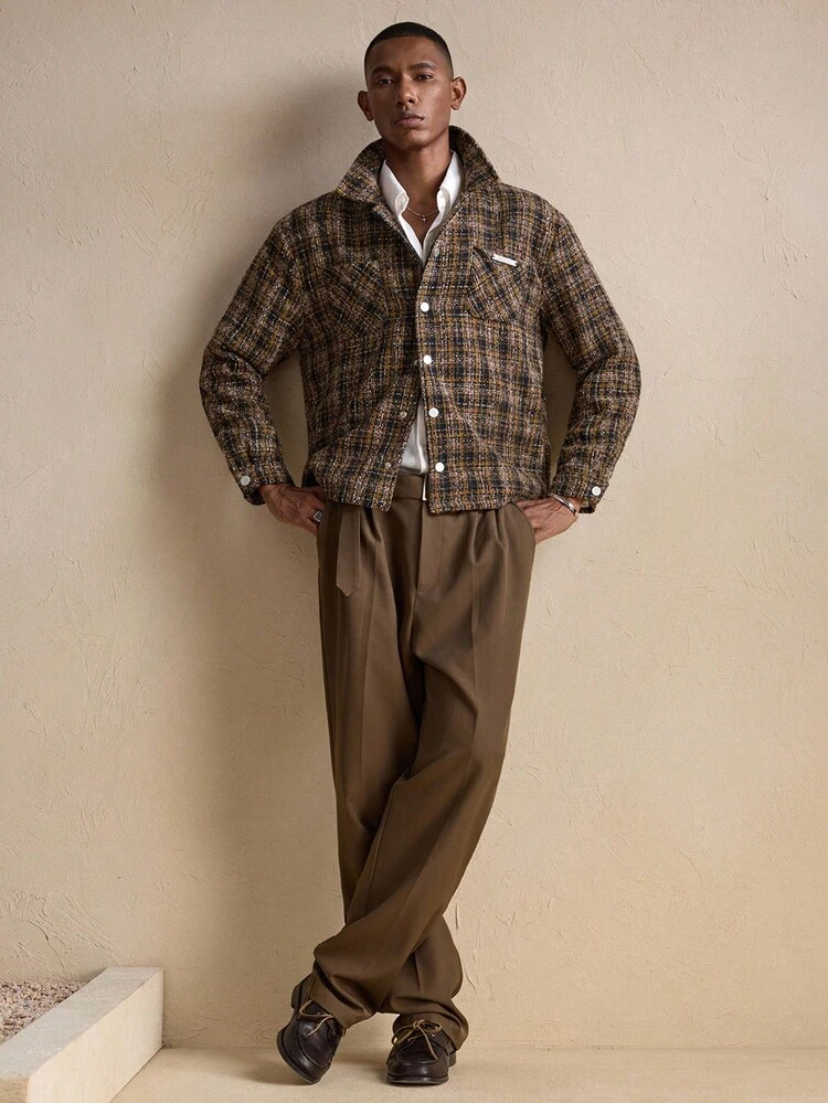 Chaqueta de hombre con botones y estampado de cuadros, de manga larga, con bolsillos, para otoño, invierno y Navidad