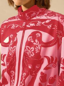 CAJUNI Women's Boho Resort Black & White Leopard, Peony Floral Print, Autumn/Winter High Neck Long Sleeve Zip-Up Lightweight Resort Jacket