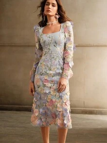 Anewsta Damen elegantes A-Linien-Kleid mit quadratischem Ausschnitt, handgestickter Blumenstickerei (asymmetrischer Schnitt) Maxikleid Damen Outfit