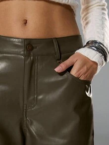 SHEIN Unity Casual Solid Color PU Straight Pocket Zipper Long Pants, Suitable For Daily Wear - Brown - View 4