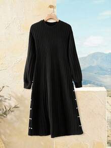 Rusticease 女式休闲纯色罗纹仿珍珠连衣裙 - 黑色 - 查看 5