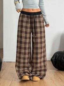 Coolane Women's FallWinter Concert OutfitRave OutfitFestivalGoing OutRave OutfitRenaissance FairClub Outfits Plaid Graphics Casual Loose Checked Wide Leg Pants,Fall,Fall Clothes For Women - Khaki - View 4