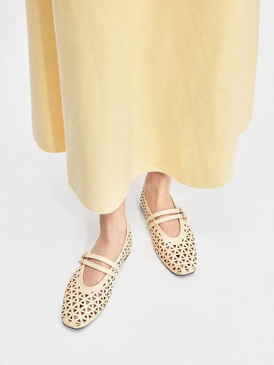 Mnmlis Pre Laser Cutout Square Toe Mary Jane Strap Flat Shoes For Women - Yellow - View 1