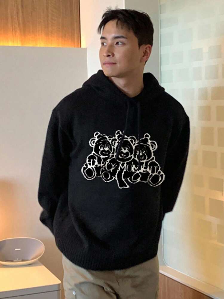Men's Bear Pattern Jacquard Black Sweater, Autumn/Winter Hoodie