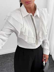 EURMUSE Damen Weißes Rüschenhemd - Regular Fit mit Kristallverzierungen und auffälligem Kragen, Damen Highwaist Hose mit Kreuzüberschlag, plissiert, weites Bein - Vizon Beige, Überlappender Verschluss, Loose Fit - Weiss - Übersicht 4