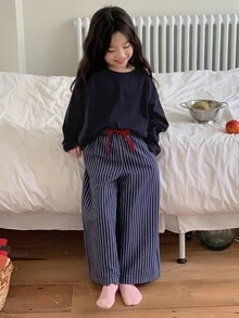 DAZY 2 件套年轻女孩休闲长袖上衣和宽松裤子套装，秋季服装 - 藏蓝色 - 查看 6