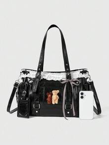 ROMWE Grunge Punk Lace Bear Small Card Bag - Black - View 4