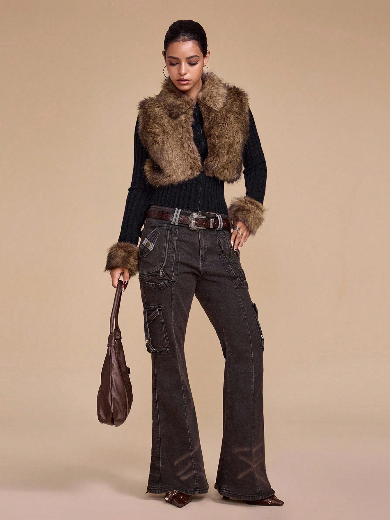 Our Grunge Punk Y2K Vintage Patchwork Faux Fur Fitted Jacket is