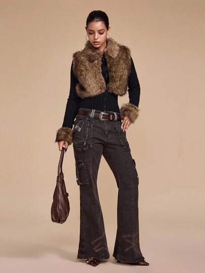 Grunge Punk Veste ajustée en fausse fourrure patchwork vintage Y2K