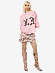 SUMWON WOMEN 棉质夏季时尚迷彩印花迷你牛仔裙破洞毛边高腰节日街头休闲短裙军旅风春假沙滩装 - 粉色 - 查看 5