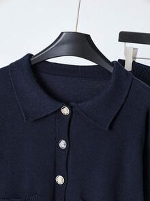 SHEIN Unity Set de 2 piezas de cárdigan con mangas farol y cuello, y suéter de punto, minimalista y dulce, para otoño/invierno - azul real - Ver 3