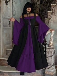 Lyrianda Plus Size Women's Off Shoulder Long Sleeve Flare Sleeve Ruffle Elegant Vintage Cute Halloween Party Casual Holiday Colorblock Dress