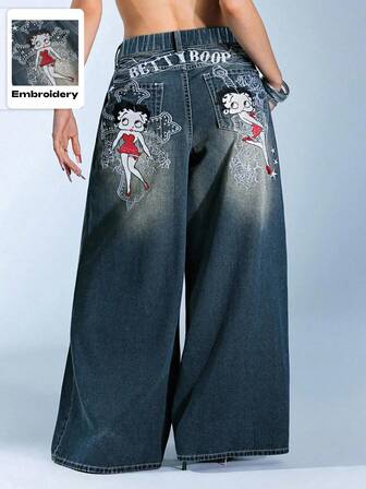 Betty Boop | ROMWE Jeans de pierna ancha con figura de dibujo animado bordada, lavados, de talla grande y estilo casual